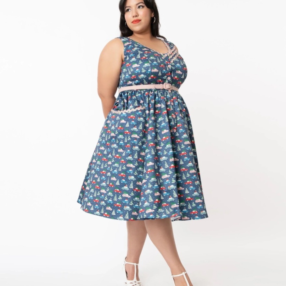 Unique Vintage Christmas Midi Christmas card pattern dress.